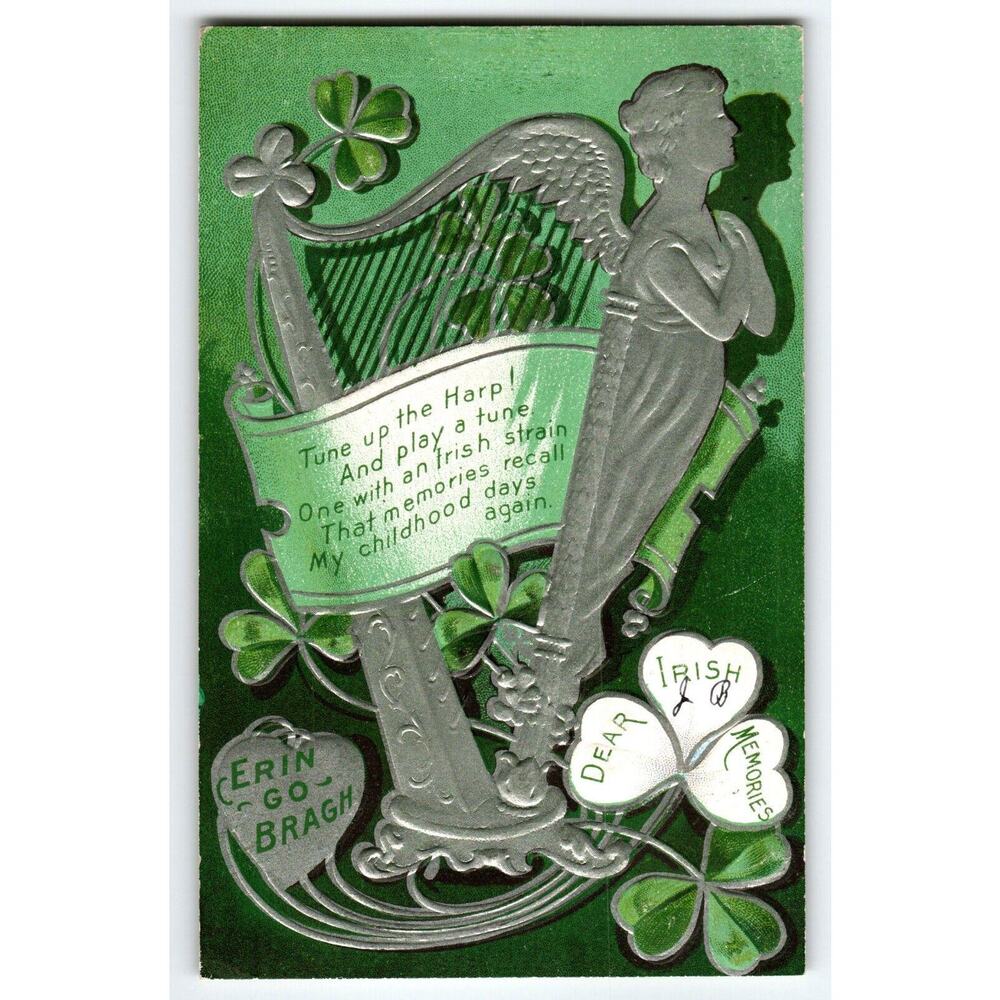 St Patrick's Day Postcard Dear Irish Memories Erin Go Bragh Ireland Silver Harp
